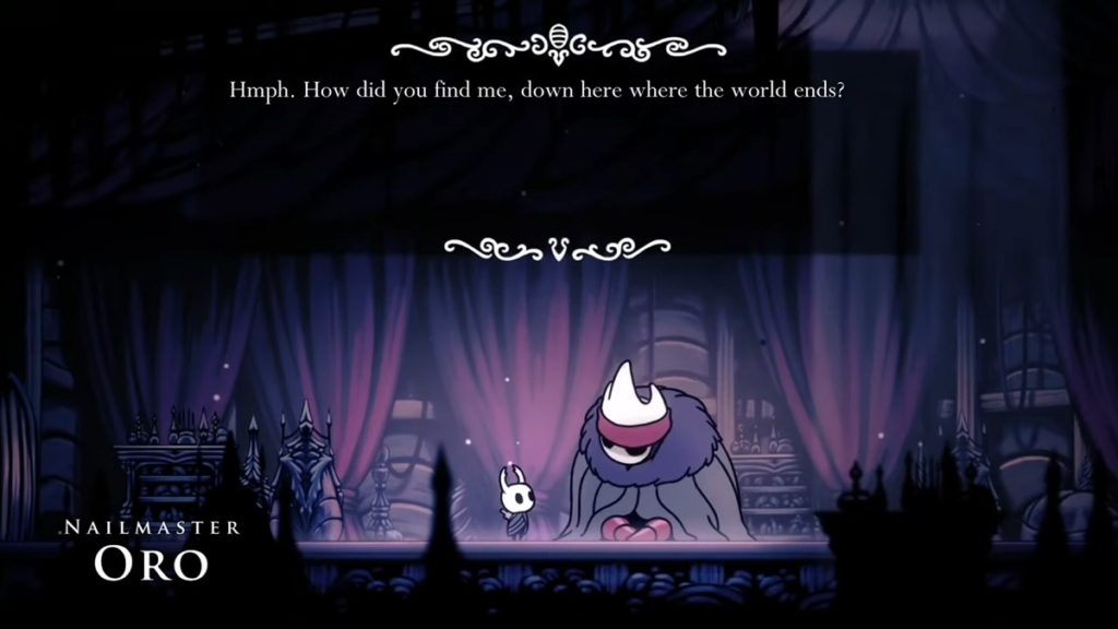 The Knight speaking to Nailmaster Oro in Hollow Knight.