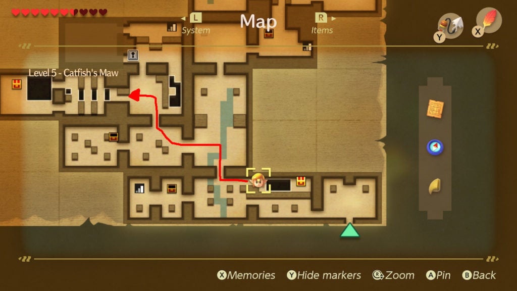 Red arrow on the map showing path from the chest with 100 Rupees to a western room with a chest that holds a Small Key.