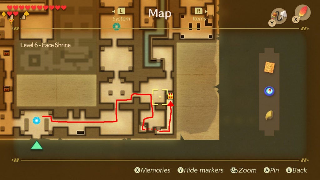 A red arrow on the map showing the quickest way to get to the chest holding the Secret Medicine.