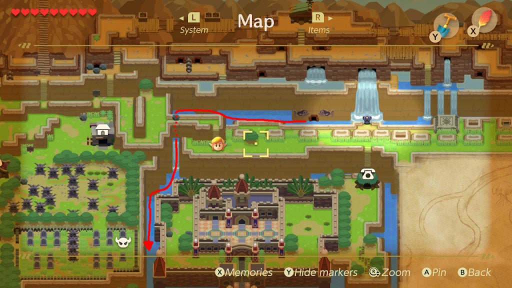 Red arrows showing path from Manbo's Pond to the Pink Ghost's location on the map.