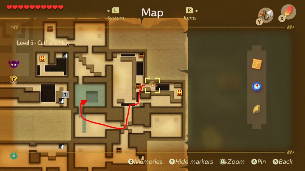 Red arrow on map showing the path from the far eastern room with the last small key chest to the room with a deep pool of water.