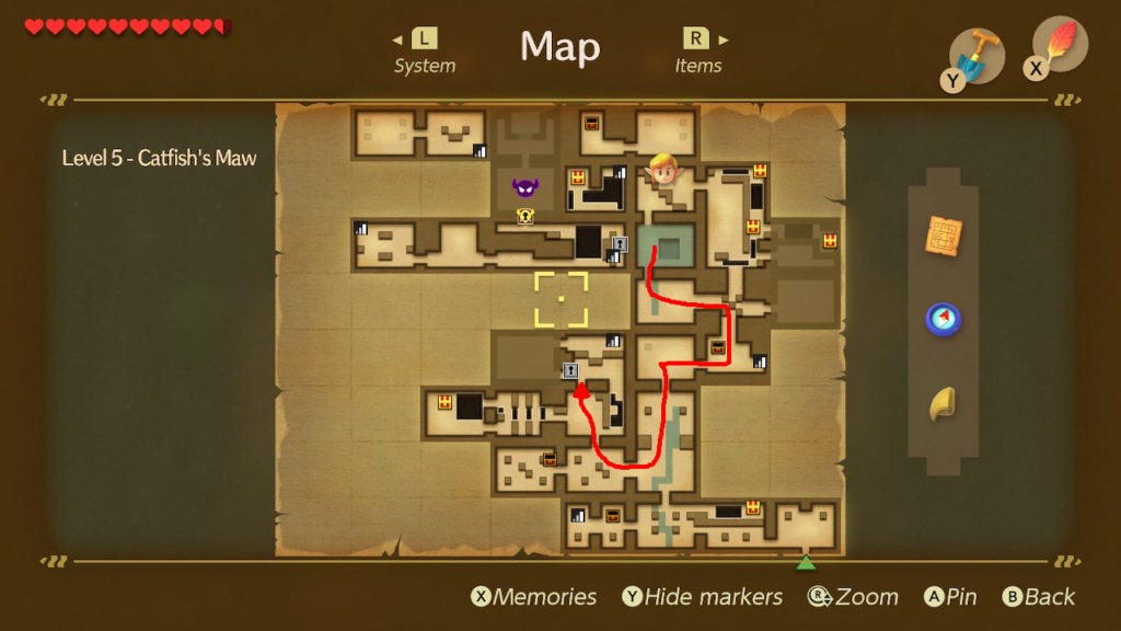 Red arrow on the map showing the path from the room with the square pool of water to the room with the locked block in the center of the dungeon.