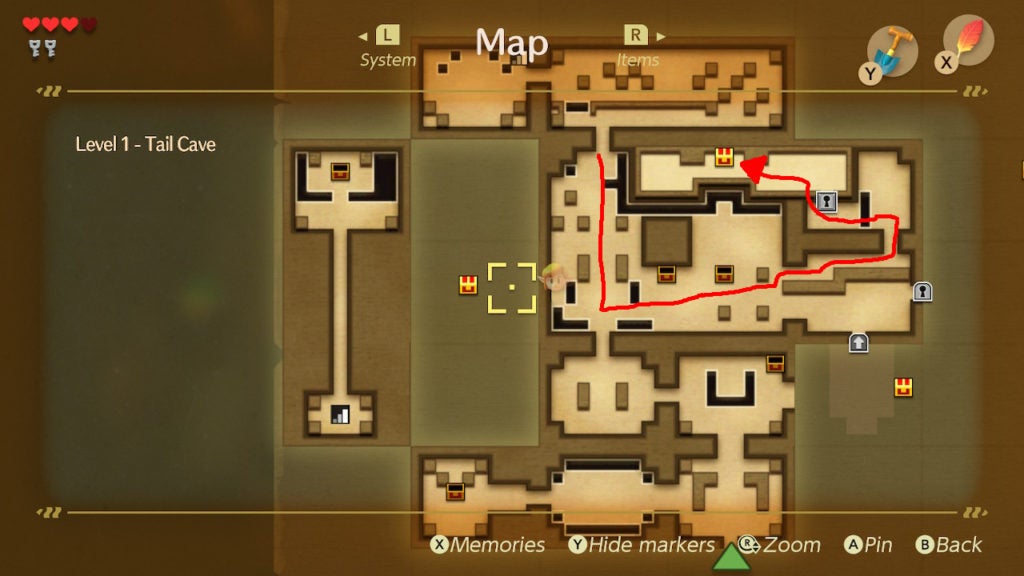 Red arrow on the map showing the path from the northern entrance to the big room to the nightmare key chest.