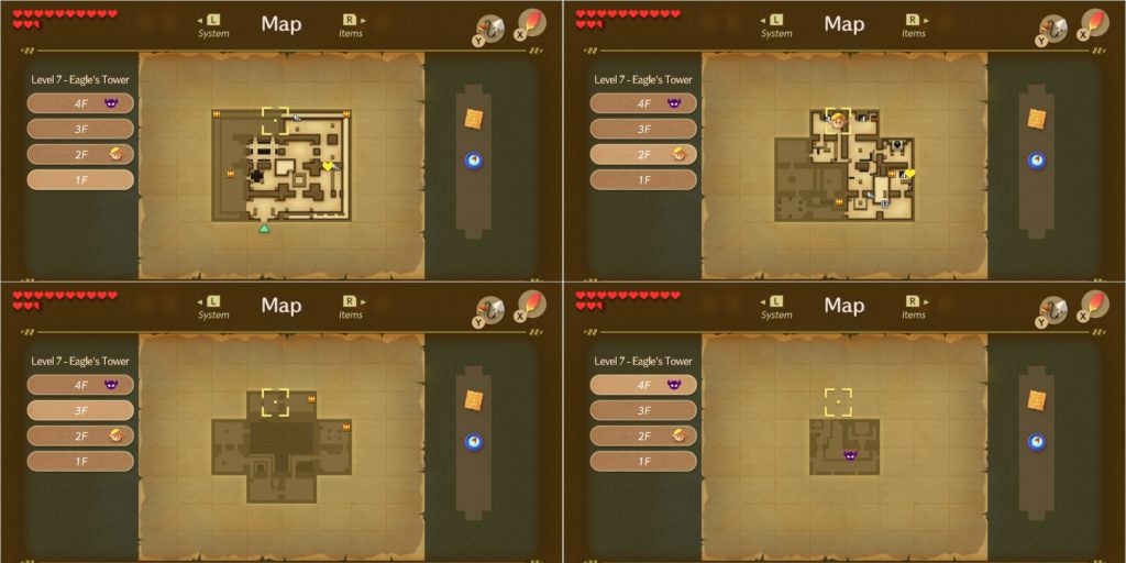 Showing all 4 floors of Level 7 - Eagle's Tower with all rooms, chests, and the boss room showing.