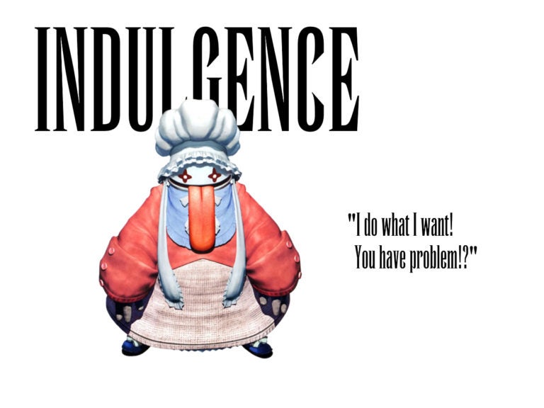 The original 3D render of Quina alongside her quote: INDULGENCE "I do what I want! You have problem!?"