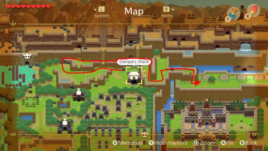 A red arrow on the map showing the fastest way to get from Dampé's shack to Tal Tal Heights.