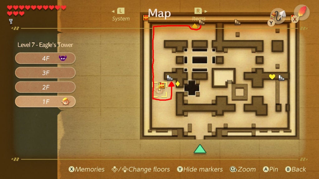 A red arrow on the map pointing from a staircase in the north to one in the west for Floor 1.
