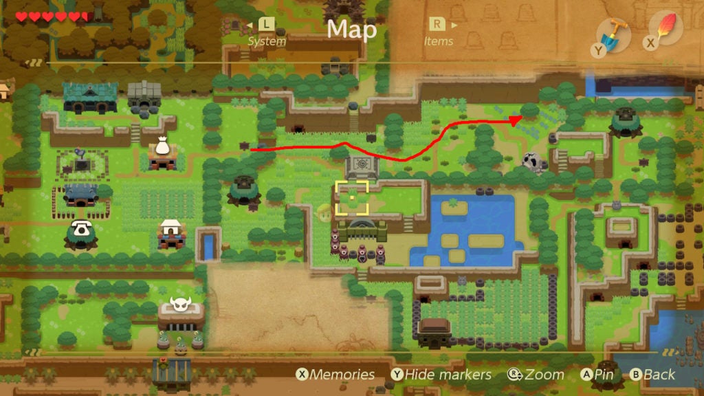 A red arrow showing path from Mabe Village to where to get the honeycomb on the map.