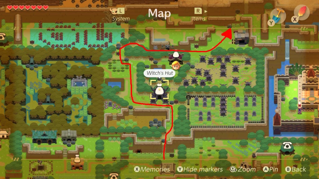 A red arrow on the map showing the fastest way from the warp point in Ukuku Prairie to the one north of Dampé's shack.