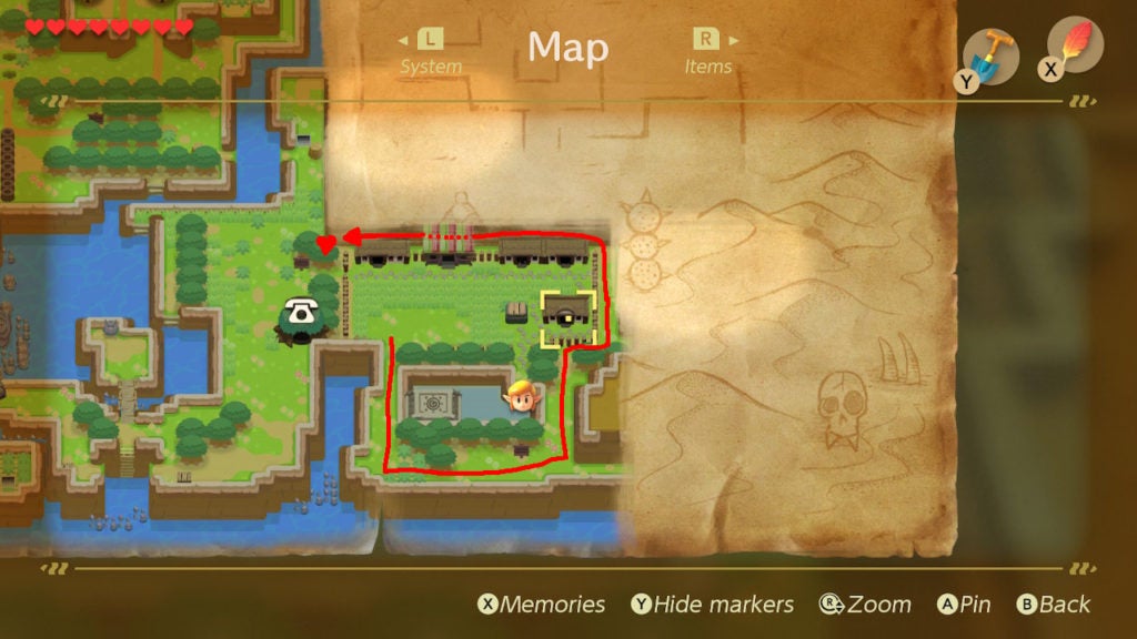 A red arrow on the map showing how to get from the south exit of Animal Village to the heart piece hidden just north of it.