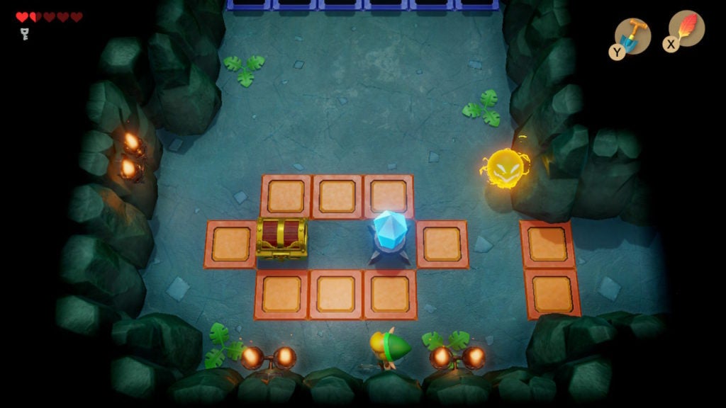 A room with a switch, a chest, and many lowered range switch blocks.