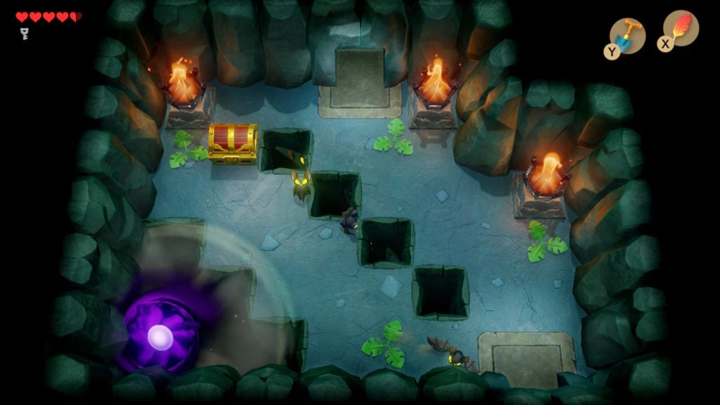 A room with a diagonal line of floor holes and a chest. There is also a purple vacuum mouth enemy in the southwest corner across more floor holes.