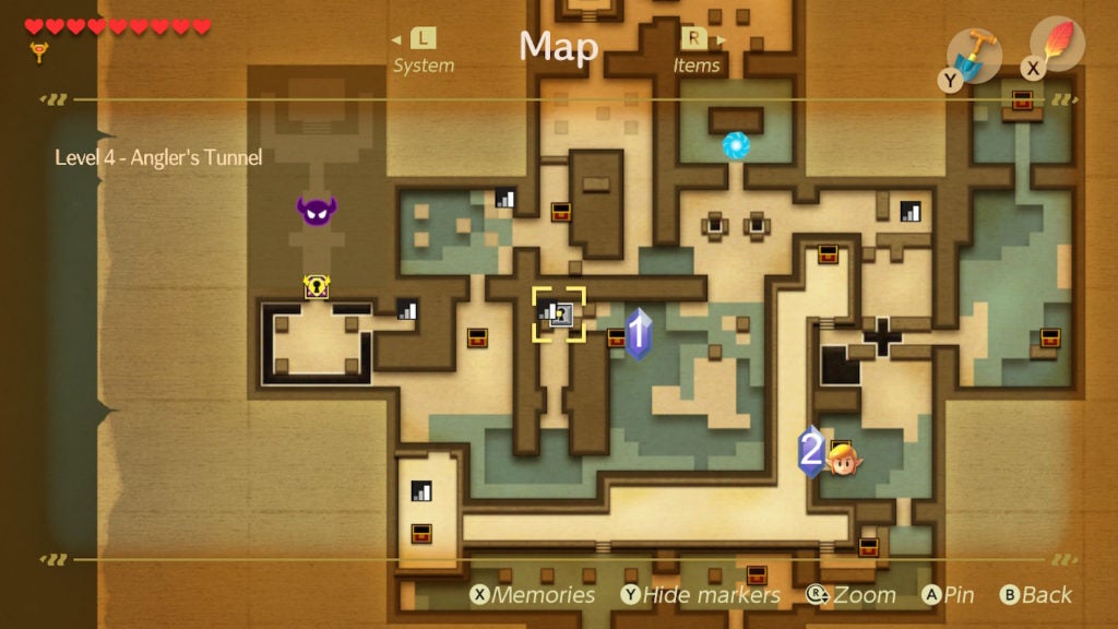 Numbered purple rupees on the dungeon map showing the location of the 2 Rupee chests.