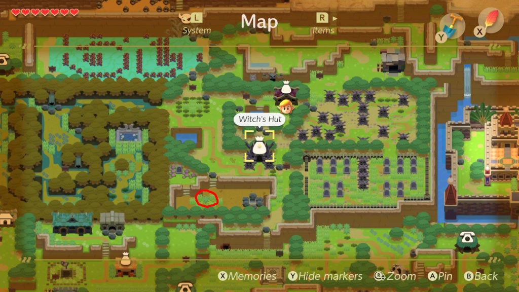 Red circle on map showing where the secret seashell near the Pink Ghost's grave is located on the map.