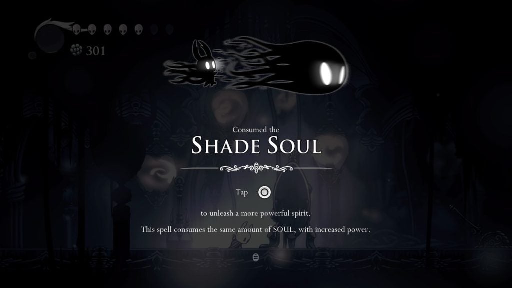 The Knight acquiring the Shade Soul in Hollow Knight.
