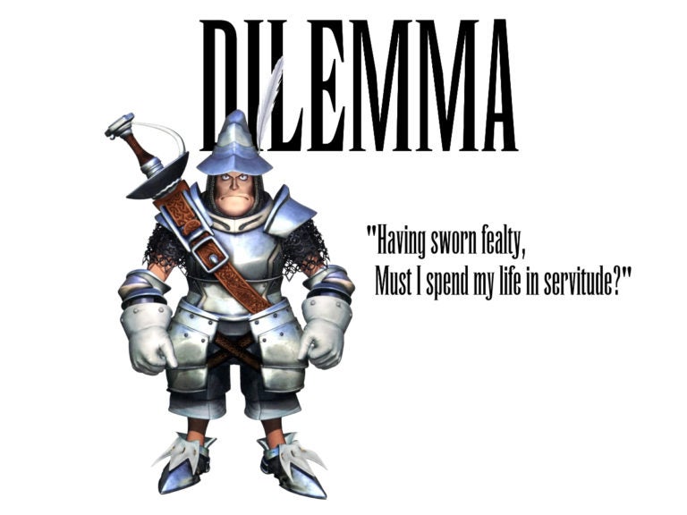 The original 3D render of Steiner, alongside his quote: DILEMMA "Having sworn fealty, Must I spend my life in servitude?"