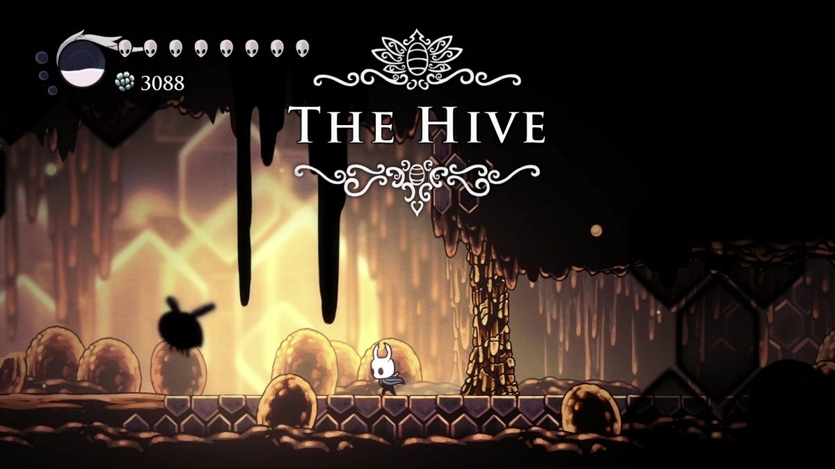 The Knight at The Hive in Hollow Knight.