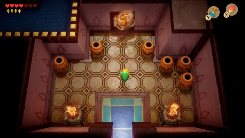 Link throwing a pot at a door with a pot symbol on it.