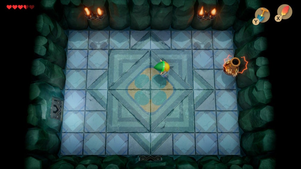 Link throwing a large bottle containing a boss against a wall.