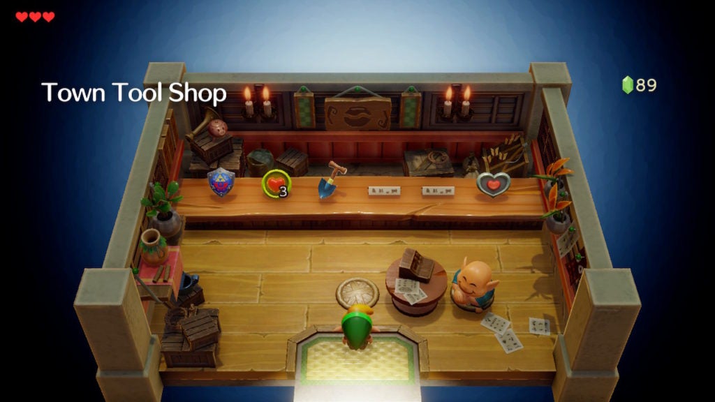 Inside the Town Tool Shop. There are 1 shield, some hearts, a shovel, and a heart piece on sale.