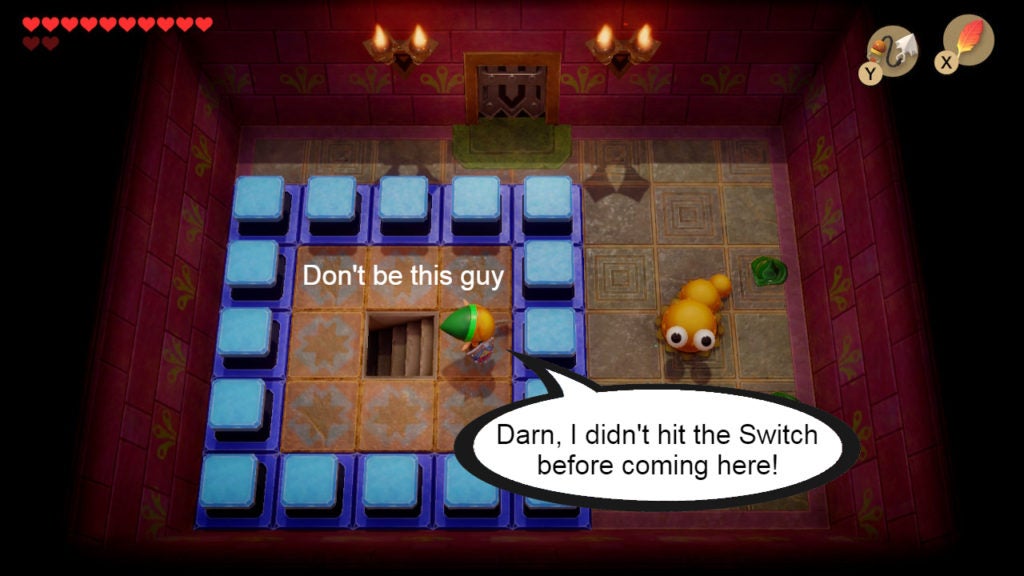 Link being unhappy that he is trapped by a ring of Blue Switch Blocks and explains the problem in a speech bubble.