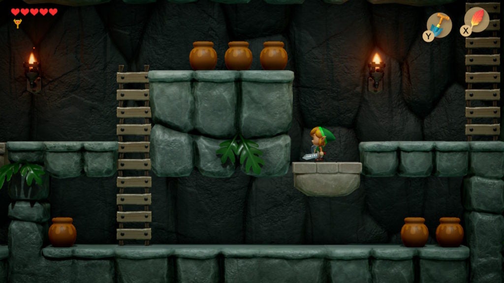 Link walking to the west and descending a platform underground and in side view.