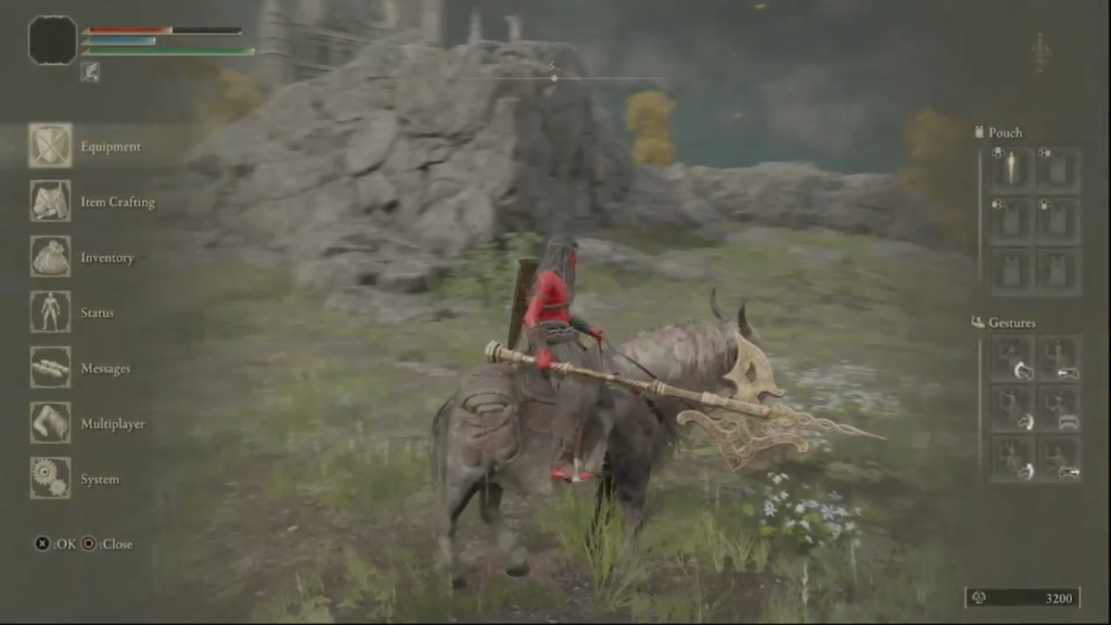 Player holding the golden halberd while riding Torrent.