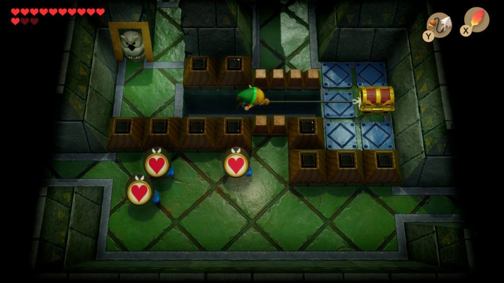 Link using the Hookshot to get to a chest across a wide gap that extends eastward.