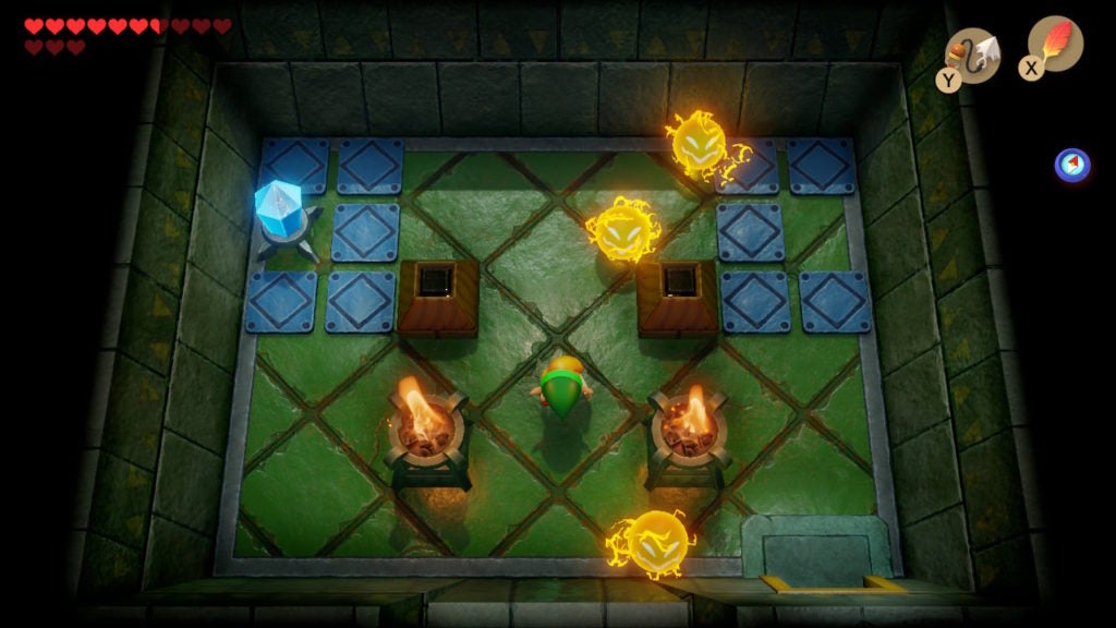 Link in a room with 3 Sparks and 2 blocks.