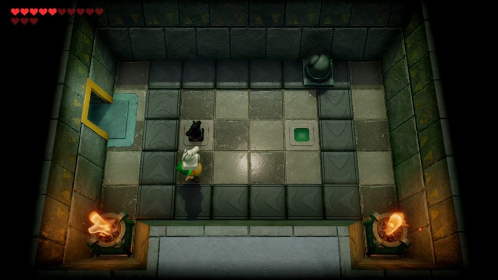 Link solving the chess puzzle in a room with a conveyor belt ring.
