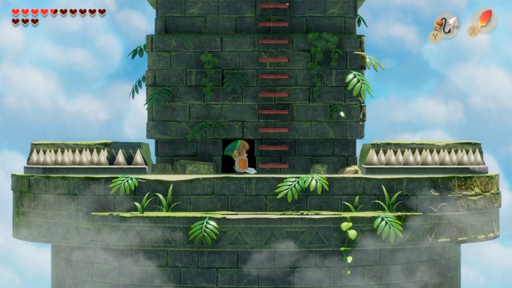 Link standing in front of a stone pillar with a ladder in side-view perspective.