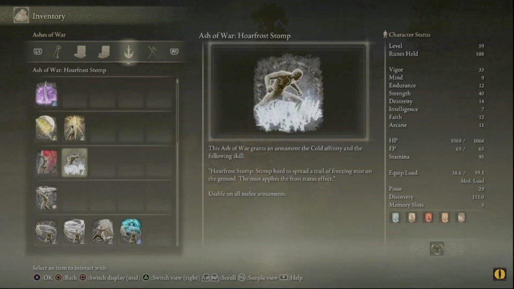 Description of the Hoarfrost Stomp skill in the menu that also mentions that it gives a weapon the Cold affinity.