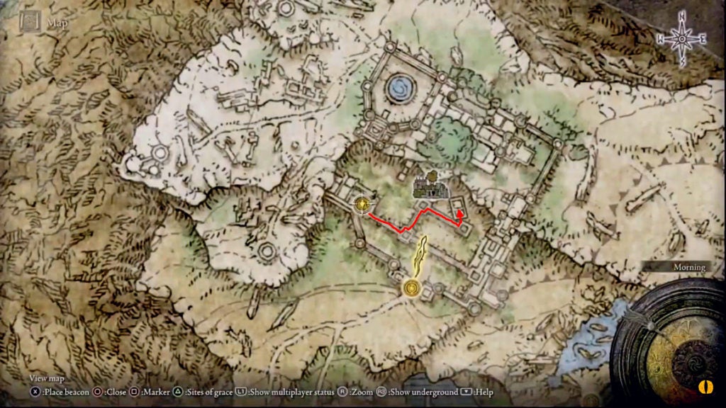 Map directions from the manor lower level site of grace to he night of sword and flame's location. There is a red arrow showing the path.