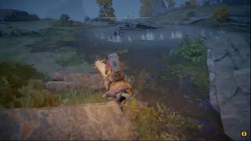 Player looking at the pond with an invisible scarab leaving a white trail.