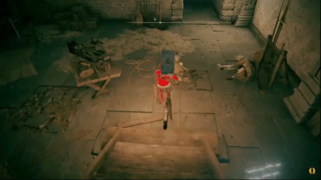 Player running at 2 enemies sitting on the stone floor.