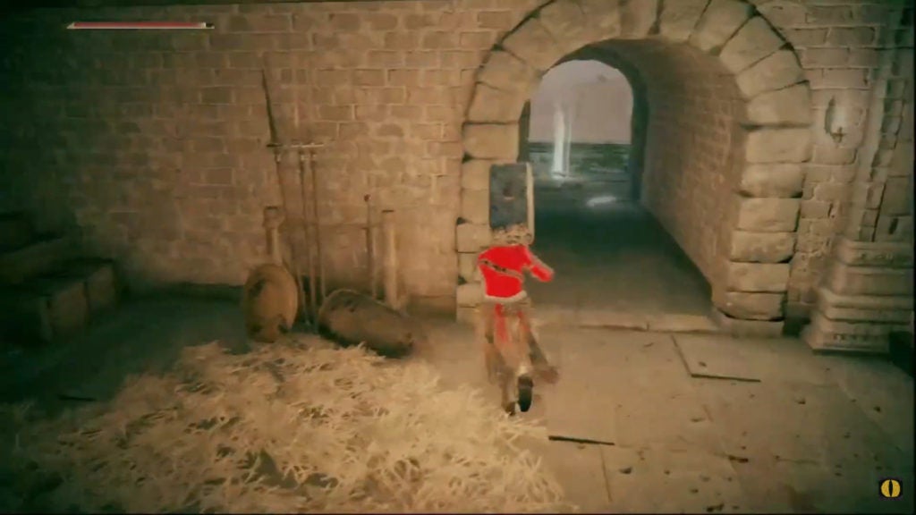 Player walking out of a room through a large doorway.