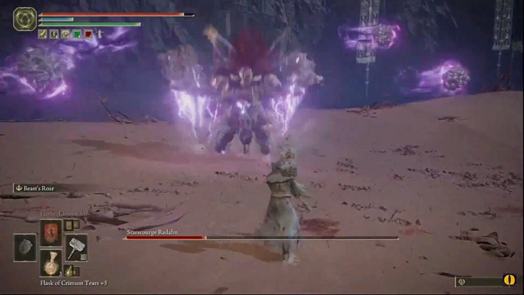 Starscourge Radahn shooting his four orb summons at the player.