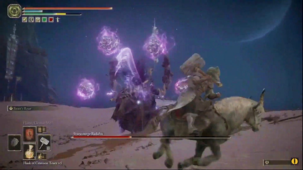 Starscourge Radahn summoning four purple rocks that hover around him.