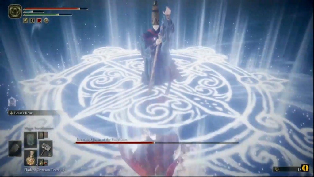 Rennala summoning a spirit by magic a large white magic symbol on the ground that knocks the player back.