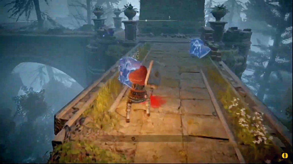 The player encountering 2 blue phantom warriors that are being summoned.