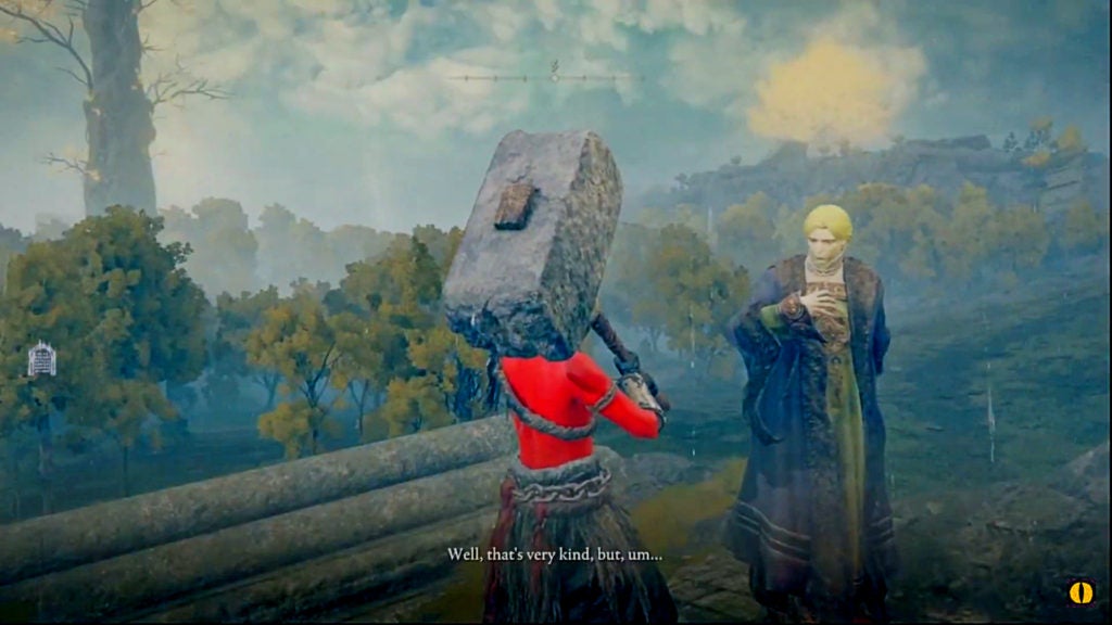 The player speaking with a NPC who is wearing a fancy blue noble's robe.