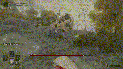 The Tree Sentinel charging at the player and trying to slash them with their halberd.