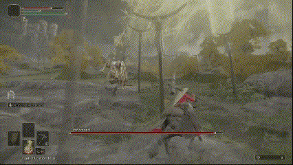 The Tree Sentinel trying to stomp on the player before attacking twice with their halberd.