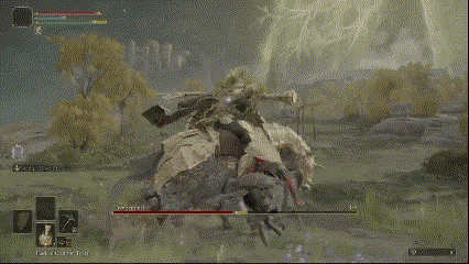 The boss trying to hit the player with a sweeping attack from their halberd.