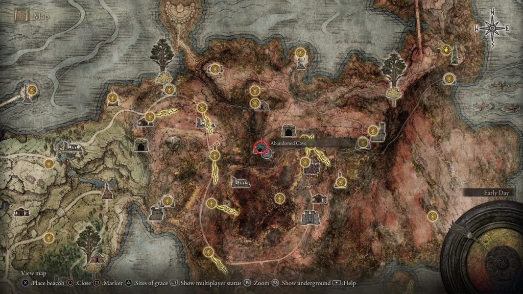 The location of the Abandoned Cave in Elden Ring.