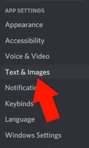 The "Text & Images" Option on the App Settings Menu, indicated by a red arrow.