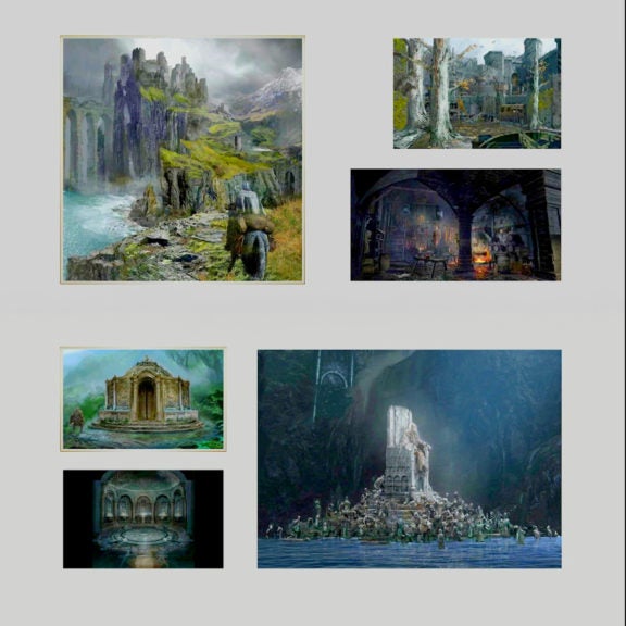 Collage showing 6 images from the Elden Ring artbook. The top left images depicts a warrior on horseback looking at a castle, the top right images shows ruins. The middle right image shows an underground area. the middle left image shows a round building in a field. The bottom left image shows the inside of a round stone building. The bottom right image shows a skeleton sitting on a stone throne in a dark cave.