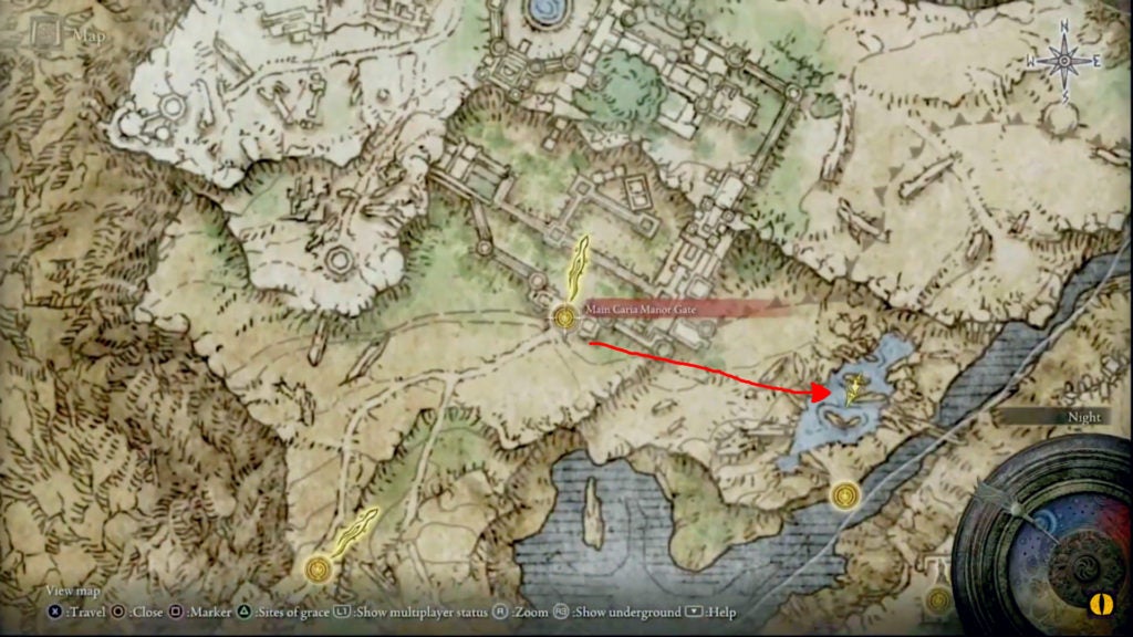 The location of the scarab holding the Ash of War: Hoarfrost Stomp, which lies east of the Main Caria Manor Gate Site of Grace. The way is shown with a red arrow.