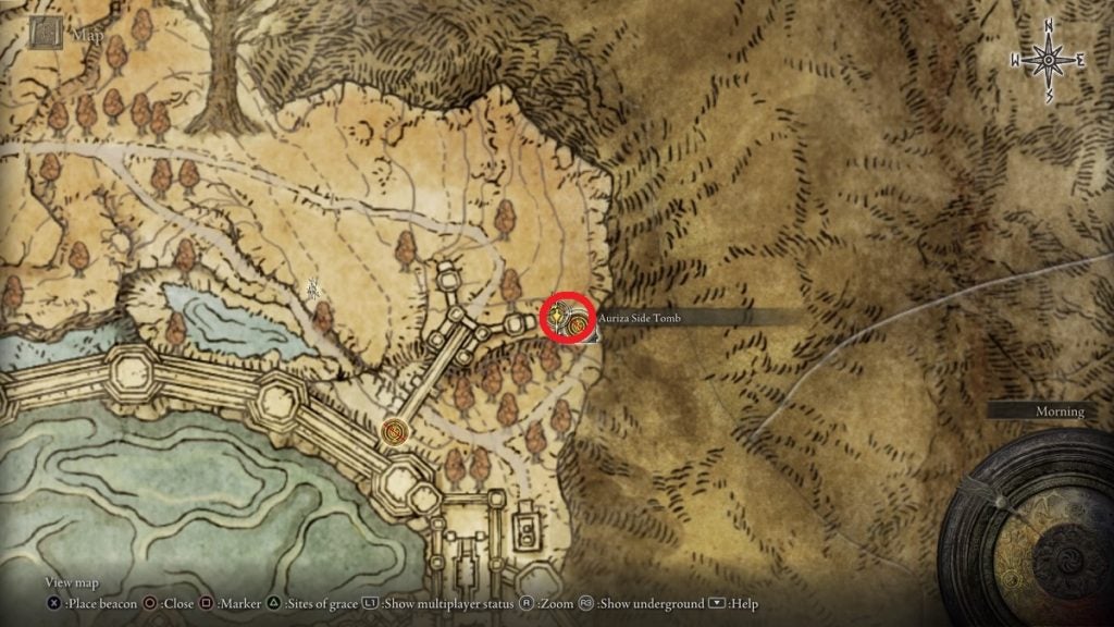 The location of the Aurize Side Tomb in Elden Ring.