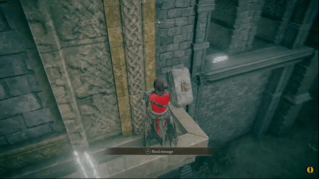 Player standing on a ledge before a gap to another ledge with a doorway.